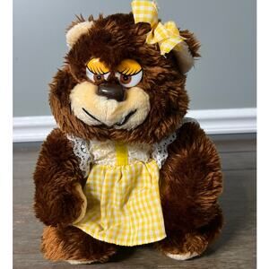 Vintage 1980's Stuffed Bear Brown Bear With Yellow Dress‎ Stuffed Animal